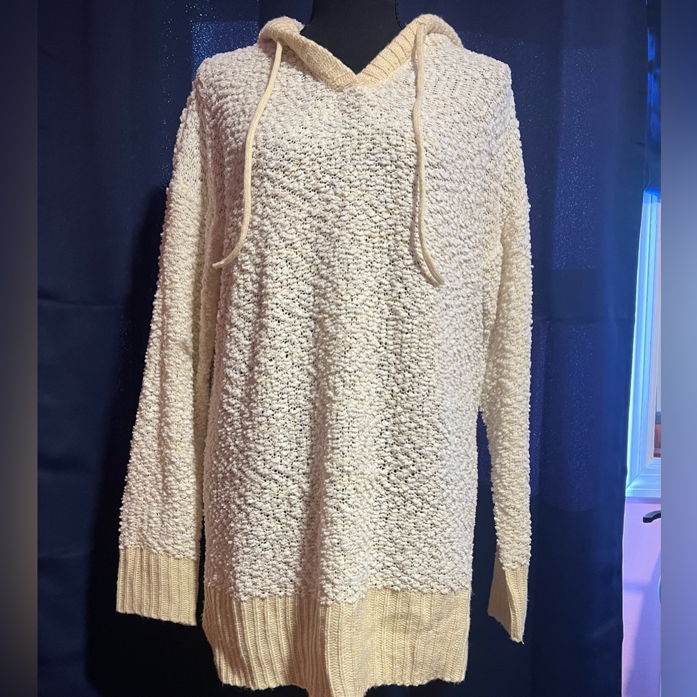 Wild About Me Ivory V-Neck Sweater Tunic with Drawstring Hoodie